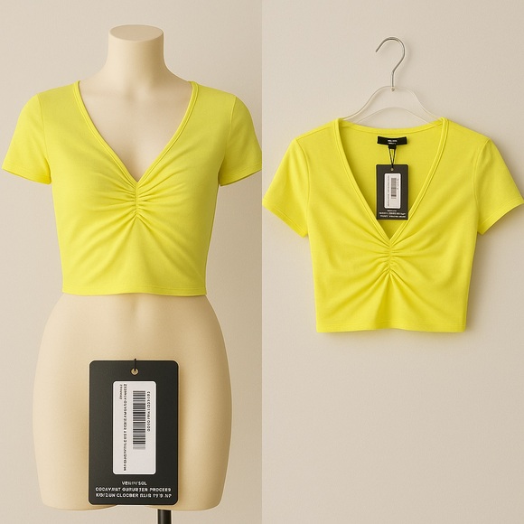 PrettyLittleThing Bright Yellow Short Sleeve Crop Top - Picture 1 of 4